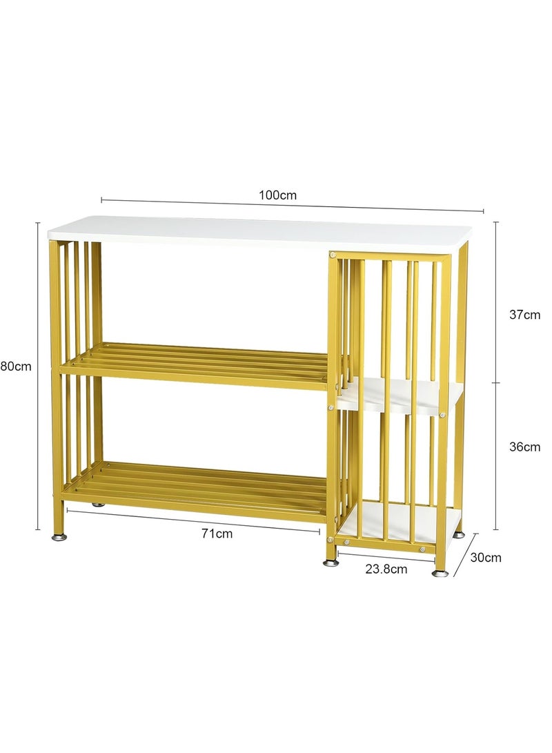 DubaiGallery طاولة كونسول ذهبية فاخرة مع سطح أبيض ناعم، إطار معدني متين، تصميم تخزين ثلاثي المستويات، مثالية للمدخل، الممر، ديكور غرفة المعيشة، الكتب، والإكسسوارات - Image 3